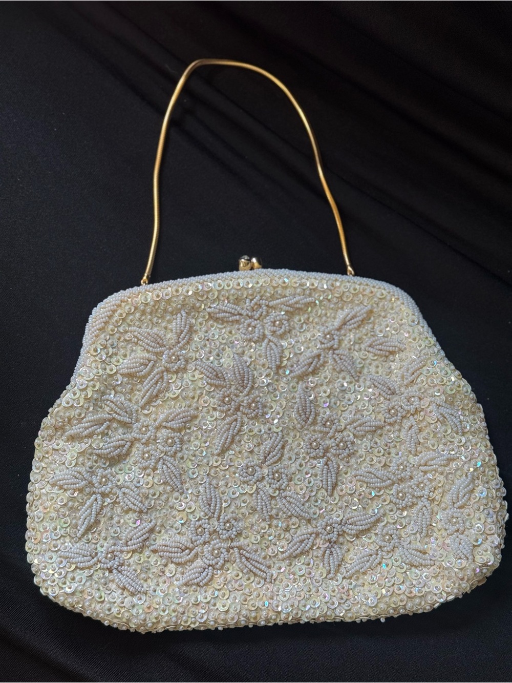 Walborg 1950’s Beaded Ivory Evening Handbag with Gold Handle